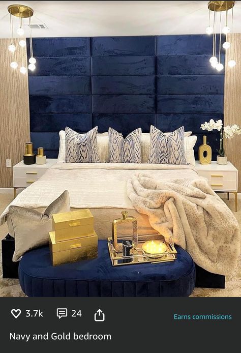 Blue Velvet Headboard, Velvet Bedroom, Upholstered Wall Panels, Upholstered Walls, Gold Bedroom, Meridian Furniture, Furniture Trends, Beautiful Bedrooms, My New Room