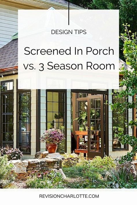 If you’ve decided to expand your living space and turn your deck or patio into additional room in your home, there are three ways to approach it depending on your goals: a screened in porch / screen porch, a three season room, or a four season sunroom. Click through for our tips, plus sunroom ideas and screened in porch ideas and decorating tips. We offer home remodels and design in the Greater Charlotte, North Carolina area. Seasonal Room Ideas, Screened Sunroom Ideas, Screened Porch Off Kitchen, 3 Season Room Ideas Interior Design, Screened In Living Room, Screened In Porch With Fireplace And Tv, Sunroom Screen Porch Combo, Screened In Back Deck Ideas, Turn Porch Into Sunroom