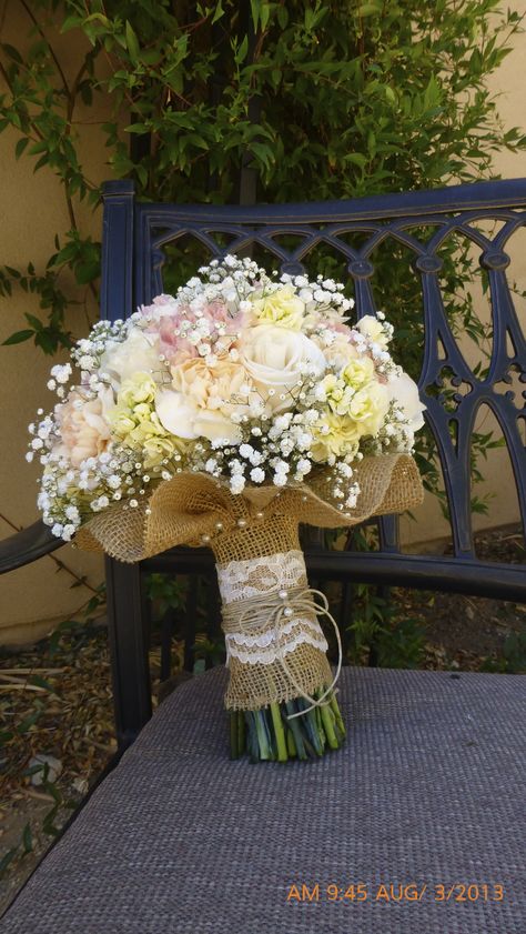 Soft & rustic... burlap wrap bouquet  with burlap collar and burlap, lace & pearl wrap  ~Flowers by A'Mor Burlap Wedding Decorations, Rustic Burlap Wedding, Burlap Wedding, Bouquet Of Flowers, Rustic Wedding Decor, Lorde, Trendy Wedding, Chic Wedding, Country Wedding