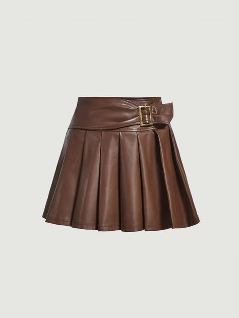 Chocolate Brown Casual Collar  PU Leather Plain Pleated Embellished Non-Stretch  Women Clothing Astrid Cosplay, Brown Leather Skirt, Pu Skirt, Pu Leather Skirt, Brown Skirts, Kpop Outfits, Skirt Leather, Fashion Online Shop, Online Fashion