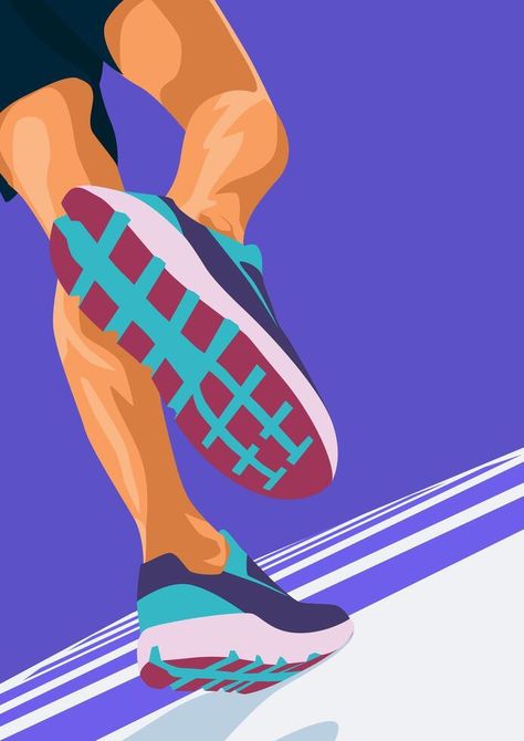 Runner's Legs Poster Illustration Design.Minimalist Sports Poster with Purple Background Color.Running Vector Flat Illustration Running Illustration Design, Sport Advertising Design, Running Track Illustration, Walkathon Poster, Running Art Illustration, Run Poster Design, Running Poster Design, Running Graphic Design, Running Moodboard