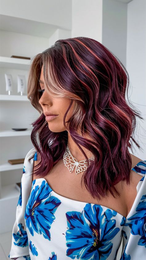 Dimensional Red Balayage, Plum Blonde Hair, Wine Red Hair With Blonde Highlights, Bright Red And Blonde Hair Color, Burgundy Blonde Balayage, Dark Cherry Red Hair With Highlights, Red Hair With Silver Highlights, Highlight Hair Ideas, Wavy Balayage