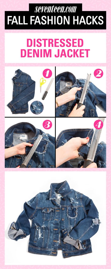 Update the classic style for fall with cool distressing. All you need is common kitchen tool to take an old jean jacket you've had in your closet forever from basic to badass. Upcycle Wardrobe, Diy Distressed Jeans, Jean Jacket Diy, Jacket Diy, Diy Fashion Trends, Style For Fall, Diy Denim Jacket, Diy Denim, Diy Jeans