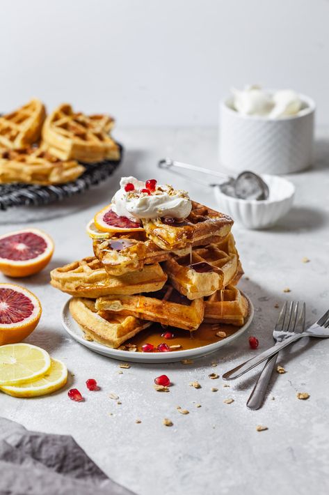 Fluffy Lemon Ricotta Waffles | Olive & Mango Waffles With Ricotta Cheese, Fun Waffles, Lemon Ricotta French Toast, Lemon Ricotta Waffles, Ricotta Waffles, Lemon Waffles, Ricotta And Honey, Easy Waffle Recipe, French Toast Waffles