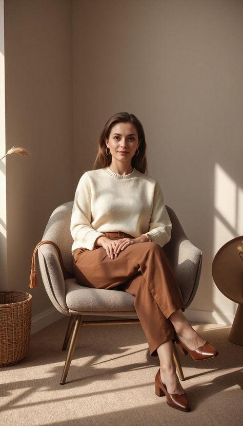 A timeless and elegant outfit featuring a soft, cream-colored turtleneck sweater with a relaxed fit, paired with high-waisted, straight-cut caramel brown trousers for a refined yet effortless look. A slim dark brown belt with a gold buckle subtly accentuates the waist. The ensemble is completed with classic beige loafers featuring gold details, adding a touch of sophistication. A structured cognac leather handbag and delicate gold jewelry enhance the minimalist aesthetic. The setting is warm and neutral, with soft natural lighting creating a cozy yet stylish ambiance. #MinimalistFashion #ChicStyle #TimelessOutfit #ElegantLook #EffortlessChic #NeutralAesthetic #FallFashion #CozyAndStylish #LuxuryMinimalism #ClassicWardrobe Beige Loafers, Delicate Gold Jewelry, Timeless Outfits, Neutral Outfits, Brown Trousers, Caramel Brown, Classic Wardrobe, Neutral Outfit, Brown Belt