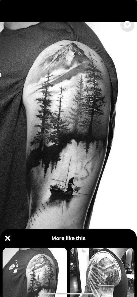 Arm Tattoo Men Outdoors, Upper Arm Forest Tattoo Men, Forest Shoulder Tattoo Men, Outdoor Themed Sleeve Tattoos, Mountains And Forest Tattoo, Outdoor Tattoo Ideas For Men, Nature Upper Arm Tattoo, Outdoor Shoulder Tattoo, Upper Arm Tattoo Mountains