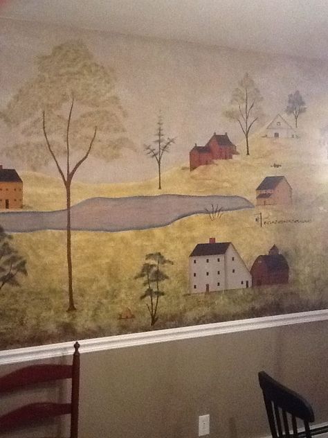 Primitive Wall Murals, Colonial Mural, Colonial Wallpaper, Dining Room Murals, Primitive Houses, Early American Homes, Mural Stencil, Primitive Painting, Primitive Walls