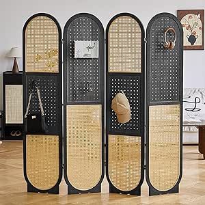 Leesinwing Pegboard Room Divider Panel, Rattan Room Dividers and Folding Privacy Screens, 4 Panel Pegboard Display with 16 Hooks, Wood Room Divider Wall for Jewelry Store, Bazaar, Bedroom, Black Diy Room Divider Cheap Privacy Screens, Wood Room Divider Wall, Diy Room Divider Cheap, Pegboard Room, Rattan Room Divider, Rattan Room, Room Divider Wall, 3 Panel Room Divider, Folding Screen Room Divider