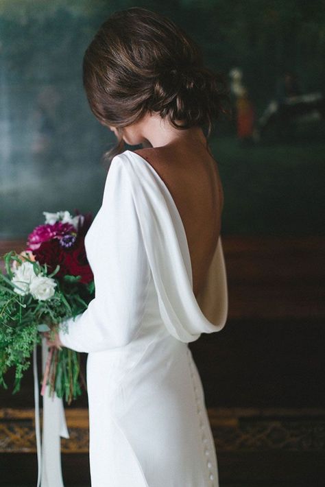 Cowl neck low back long sleeve wedding dress inspiration | #planprepparty Cowl Back Wedding Dress, Bride Ideas, Crepe Wedding Dress, Minimalist Wedding Dresses, Sophisticated Bride, Back Wedding Dress, Beauty Dress, Princess Wedding Dresses, Long Sleeve Wedding