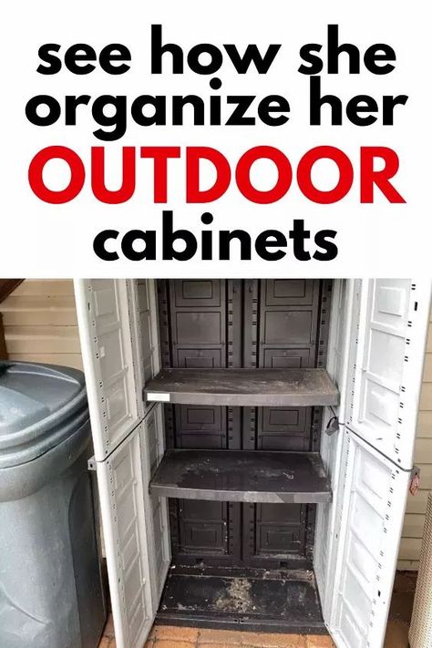 See how she made her outdoor storage more functional with these easy and budget friendly organization ideas for her outdoor cabinet. If you have a backyard closet you'll love these easy storage tips. Outdoor Dishes Storage, Side Of House Storage Ideas Outside, Diy Outdoor Cabinet Storage, Patio Storage Ideas Diy, Back Porch Organization Ideas, Garden Cabinet Outdoor, Screened In Porch Storage Ideas, Outdoor Garden Storage Ideas, Outdoor Tool Storage Ideas