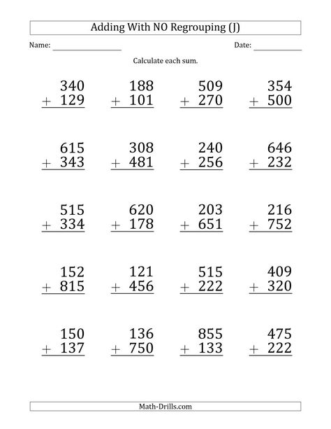 The Large Print 3-Digit Plus 3-Digit Addition with NO Regrouping (J) Math Worksheet Addition With Regrouping Worksheets, First Grade Homework, Subtraction With Regrouping Worksheets, Math Division Worksheets, Third Grade Math Worksheets, Math Fact Worksheets, Addition Worksheet, Homework Sheet, Math Practice Worksheets