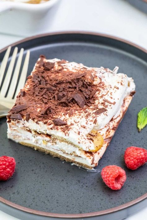 Healthy Tiramisu Recipe, Healthy Tiramisu, Gluten Free Tiramisu, Chocolate Greek Yogurt, Mexican Chocolate, Tiramisu Recipe, Lady Fingers, Almond Flour, Greek Yogurt