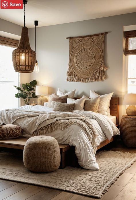 Light Bohemian Bedroom, Bedroom Interior Boho, Beige Boho Bedroom, Bedroom Alt, Neutral Bedding Ideas, Terracotta Bedding, Cozy Boho Bedroom Ideas, Neutral Bedroom Design, Relaxing Spaces