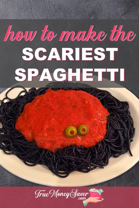 Are you ready to give your kids a fright? Serve them the scariest Spaghetti Sauce Dinner around with spooky blackworms! It's sure to delight! #truemoneysaver #halloween #spaghetti #spaghettidinner #dinner #spiderspaghetti #scarydinner #scarydinners #scarydinnertheme #scarydinnertime #halloweendinnerideas #halloweendinneridea #scaryhalloweendinner #blackspaghetti #blackspaghettiday #blackspaghettinoodles #spaghettidinnernight #spaghettidinners #spaghettidinnerforthewin #spaghettidinnertime Halloween Speggetti, Black Noodles Halloween, Halloween Spaghetti Dinner, Halloween Spaghetti And Meatballs, Halloween Spaghetti, Spooky Spaghetti, Cheap Halloween Party, Creepy Halloween Food, Work Recipes