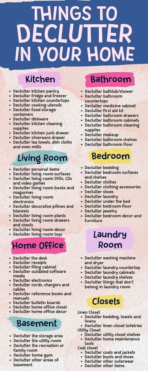 Pin text reads 'things to declutter in your home' and breaks down room by room decluttering ideas for kitchen, bathroom, living room, bedroom, home office, laundry room, basement and closets. Background image is pink paint. How To Organize And Declutter Your Home, Organization And Decluttering, Steps To Organize Your Home, List Of Things To Declutter, House Declutter Organizing Ideas, List Of Things To Organize, Ways To Organize Your House, Organizing Before And After, Declutter Home Checklist