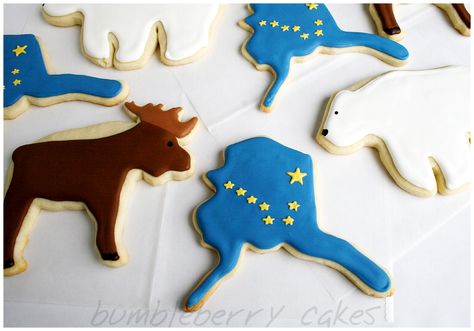 Alaska cookies Alaska Themed Party Ideas, Alaskan Decor, Alaska Party, Alaskan Animals, Pokemon Cookies, Alaskan Food, Alaskan Wedding, 50th Wedding Anniversary Party, Alaska Wedding