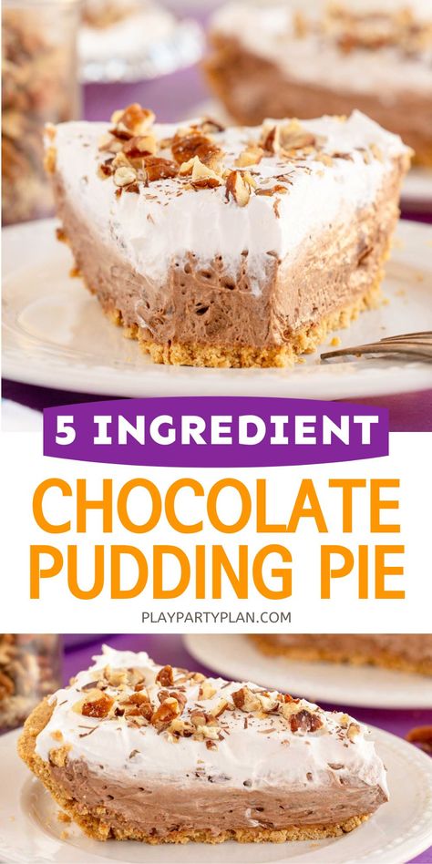 This creamy chocolate pudding pie is delicious dessert for Thanksgiving or a summer day! It's an easy pie recipe you'll make over and over again! Creamy Chocolate Pudding, No Bake Chocolate Cream Pie, No Bake Pie Recipes, Easy Pie Recipe, Dessert For Thanksgiving, Chocolate Pudding Pie, Cool Whip Desserts, Chocolate Pie With Pudding, Baking Recipes Pie