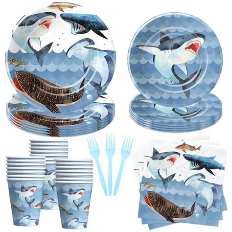 Shark 3rd Birthday Party, Shark First Birthday Party, Shark Birthday Decorations, Shark Decorations, Ocean Theme Party Decorations, Shark Party Decorations, Birthday Plates, Sea Shark, Shark Illustration