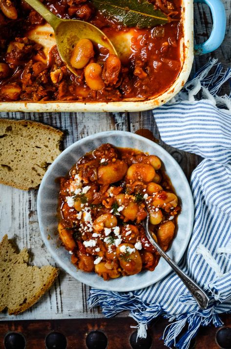 Gigantes (Giant Greek Beans) In Tomato Sauce - Larder Love Greek Baked Beans, Beans In Tomato Sauce Recipes, Greek Beans In Tomato Sauce, Greek Giant Beans Recipe, Giant Beans Recipe, Marinated Gigante Beans, Gigante Beans Greek, Greek Gigantes Beans, Greek Beans