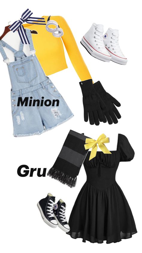 Matching Halloween Costumes For Two Sisters, Minion Movie Outfit, Duo Halloween Costumes Minions, Teen Minion Costume, Despicable Me Outfit Ideas, Minnions Girl Outfit, Gru Outfit Despicable Me, Gru Halloween Costume Girl, Despicable Me Outfits