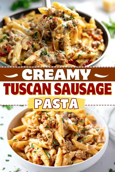 Creamy Tuscan sausage pasta features tender penne with Italian sausage and luscious sauce packed with sun-dried tomatoes, spinach, garlic, and Parmesan. Crock Pot Sausage Pasta, Italian Sausage Ground Recipes, Most Pinned Dinner Recipes, Italian Sausage Pesto Pasta, Dinner Ideas With Italian Sausage, Sausage Sun Dried Tomato Pasta, Tortellini Recipes With Sausage, Mild Italian Sausage Recipes Dinners, Pasta With Sausage Recipes