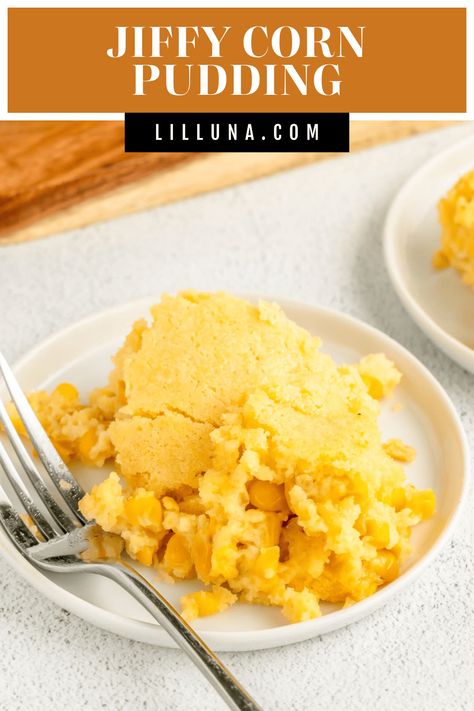 Jiffy corn pudding is creamy, buttery, and sweet! The perfect side dish to any dinner, it's comfort food at its finest. #cornpudding #corn #comfortfood #sidedish #corncasserole Creamy Corn Pudding Recipe, Jiffy Corn Pudding, Corn Casserole Jiffy, Corn Cakes Recipe, Sweet Corn Pudding, Creamy Pasta Bake, Corn Casserole Recipe, Candied Sweet Potatoes, Corn Pudding