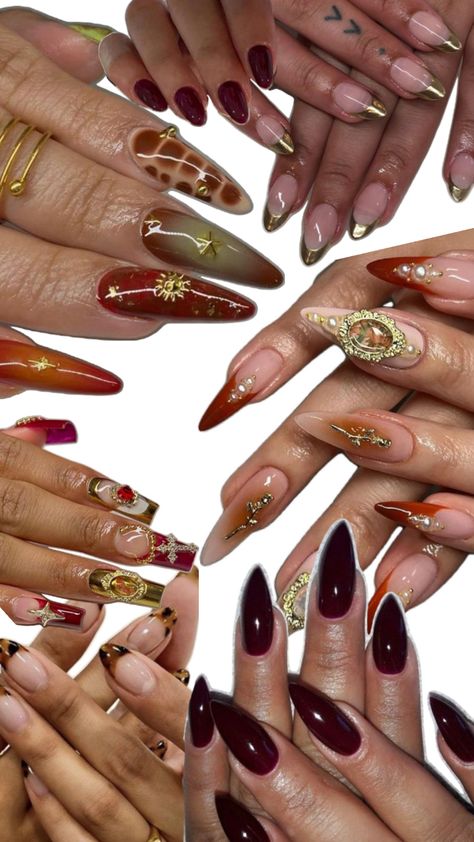 Ahs Nails Ideas, Dark Red Nails With Charms, Dark Red And Gold Nails Acrylic, Ahs Style Nails, Ahs Nails, Red Aura Nails With Gold, Red Nails Gold Jewelry, Gold Maximalist Nails, Brown Nails Design