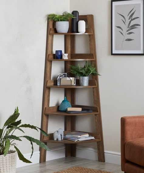 Corner shelf ideas: up your storage game with these clever designs | Real Homes Compact Pooja Unit, Corner Ladder Shelf, Corner Shelf Ideas, Corner Shelf Design, Shelf Decor Living Room, Corner Furniture, Corner Bookshelves, Wood Bath, Bath Tray