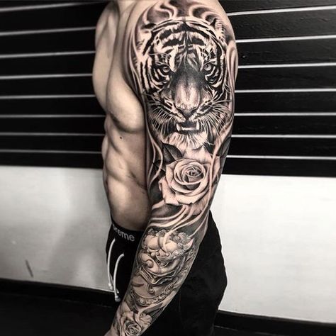 Full Sleeve Tattoo Portrait Tattoo Sleeve, Tiger Tattoo Sleeve, Lion Tattoo Sleeves, Rose Sleeve, Viking Metal, Hamsa Tattoo, Tiger Tattoo Design, Men Tattoos Arm Sleeve, Marvel Tattoos