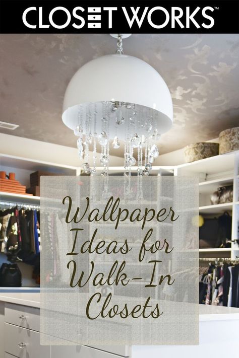 Modern walk-in closet with wallpaper on the ceiling. Master Closet Ceiling Wallpaper, Walk In Closet Wallpaper Luxe, Wallpaper Master Closet, Master Closet Wallpaper Ideas, Wallpaper For Walk In Closet, Walk In Closet With Wallpaper, Walk In Closet Wallpaper Ideas, Wallpaper Walk In Closet, Closet Ceiling Wallpaper