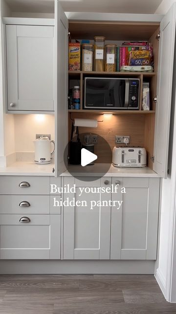 Emily | Project Ivel 🏡 on Instagram: "If you’re planning on revamping your kitchen in 2024, definitely consider a hidden pantry! 😍  It gave us an opportunity to hide those appliances we didn’t want out on our kitchen side. 🙌🏻  We built this out of MDF and shaker doors as Howdens do not supply this as an option.   #2024plans #2024kitchentrends #homeinterior #kitcheninterior #hiddenpantry #pantry #breakfastcupboard" Hidden Kitchen Storage Ideas, Kitchen Hidden Appliances, Hidden Kitchen Appliances, Howdens Shaker Kitchen, Kitchen Side Cabinet, Cottage Build, Hide Appliances, House Improvement, Hidden Pantry