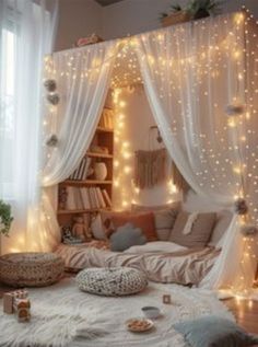 Fairy Lights Girls Bedroom, Fairy Lights Decor Living Room, Enchanted Playroom, Playroom Seating Ideas, Living Room Fairy Lights Ideas, String Lights In Bedroom, Playroom Canopy, Fairy Lights Bedroom Ideas, String Lights Bedroom