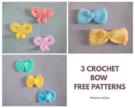 3 Best Crochet Bow Patterns | Free Pattern | Bohemian Cat Crochet Bows Free Pattern, Crochet Bow Ties, Crochet Bow Pattern, Bow Crochet, Crochet Bow, Crochet Hair Clips, Make A Bow, Crochet Bows, Crochet Hair Accessories