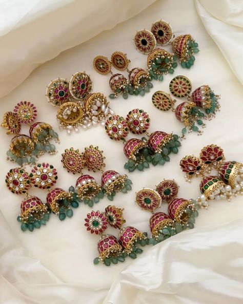 Imitation Kundan Jadau Jhumkas From 'Vriksham' • South India Jewels Jadau Kundan Jewellery, Jadau Jewellery Traditional, Kundan Earrings Jhumkas, Jadau Jhumka, Traditional Jhumkas, Kundan Jhumkas, Kundan Jhumka Earrings, Bride Sarees, Sarees Styles