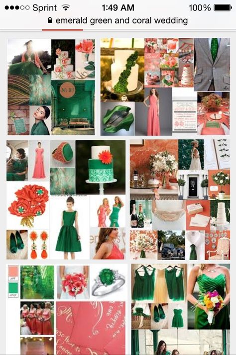 Colors... Emerald and Coral? Coral And Emerald Green, Forest Green And Coral Wedding, Green Coral Color Palette, Green And Coral Wedding Theme, Coral Pink Green Palette, Gold And Emerald Wedding, Green Black Wedding, Gold And Emerald, Emerald Wedding