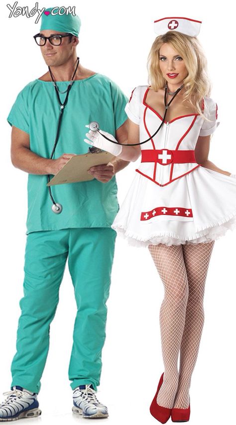 Nurse Costume Scrubs, Nurse Couple Costume, Diy Nurse Costume, Nurse Couple, Diy Nurse, Weird Outfits, Doctor Halloween, Cute Couples Costumes, Candy Poster