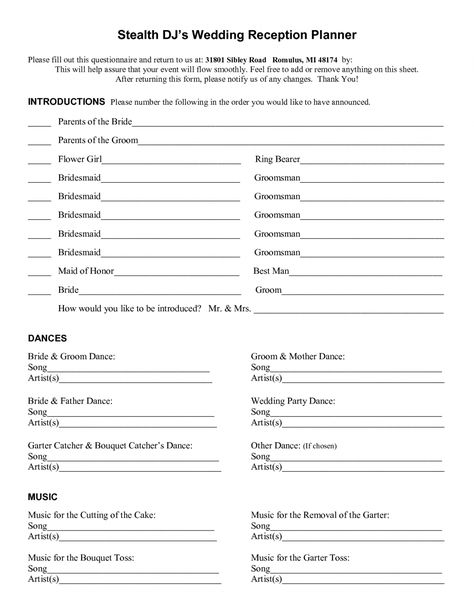 editable wedding planning forms or worksheets printable worksheets wedding dj checklist template Song List For Wedding, Wedding Dj Checklist, Wedding Music List, Photography Questionnaire, Wedding Song Playlist, Dj Songs List, Wedding Planning Templates, Reception Timeline, Wedding Song List