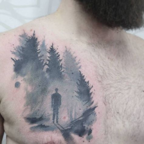 Forest Chest Tattoo, Eerie Forest, Tattoo On Chest, Forest Tattoo, Watercolor Nature, Forest Tattoos, Foggy Forest, Art Fantasy, Nature Tattoos