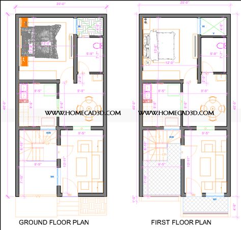 20x40 House Plan with 2 Bedrooms | Two Story House - Home CAD 3D 20 X 40 Floor Plans 2 Bedroom, 20 X 40 House Plans, Floor Plan Elevation, House Plans 2 Story, 20x40 House Plans, Double Story House, Plan Elevation, Three Story House, Floor Plans 2 Story