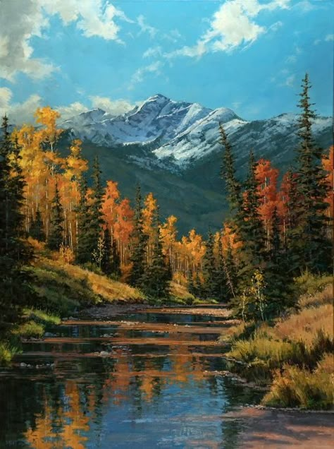 Fisherman Painting Acrylics, Bob Ross Fall Paintings, Beautiful Oil Paintings Landscapes, Beautiful Landscapes Paintings Acrylics, Oil Painting Scenery, Bob Ross Landscape, Fall Landscape Painting, Beautiful Landscape Paintings, Bob Ross Paintings