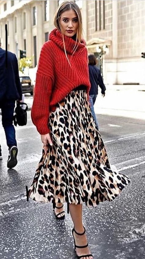 cheetah print skirt and red sweater with black strappy heels. Visit Daily Dress Me at dailydressme.com for more inspiration                    women's fashion 2018, fall fashion, casual outfits, school fashion, winter fashion, midi skirts, women's blouses, sweaters, heels, sandals, business casual, street style Rok Outfit, Skirt Diy, Cooler Style, Leopard Print Skirt, Trendy Fashion Outfits, Red Sweater, 가을 패션, Print Skirt, Inspiration Mode