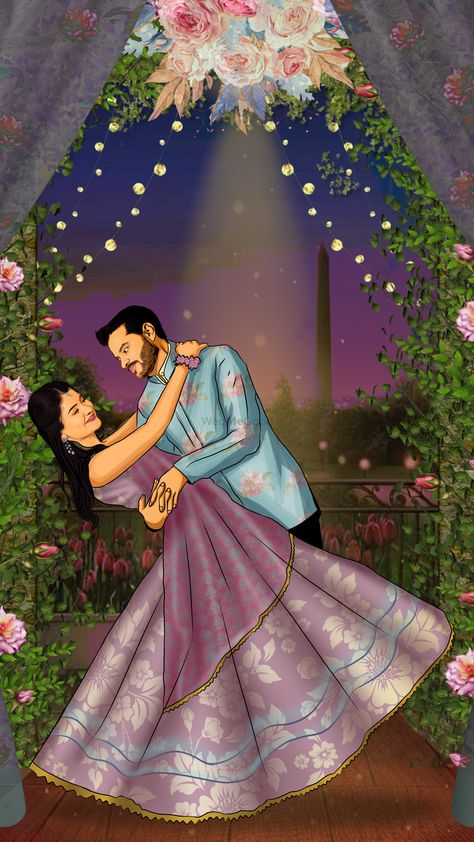 Indian Couple Illustration Engagement, Mehendi Couple Illustration, Sangeet Couple Illustration, Sangeet Caricature, Mehendi Sketch, Caricature Reference, Nikah Ideas, Sangeet Invitation, Invite Background