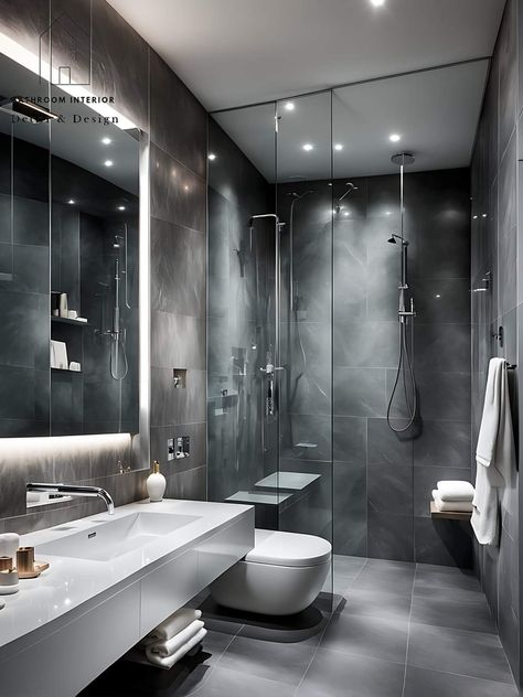 Black And Grey Modern House, All Grey Bathroom, Rectangle Bathroom Ideas, Dark Gray Bathroom Ideas, Modern House Bathroom, Bathroom Contemporary Design, Modern Grey Bathroom, Small Washroom Design, Dark Modern Bathroom