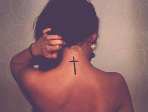 Cross On Back Of Neck, Black Cross Tattoos, Cross Tattoo Neck, Cross Tattoo Meaning, Tattoo Sonne, Small Cross Tattoos, Simple Cross Tattoo, Tattoo Son, Tramp Stamp Tattoos