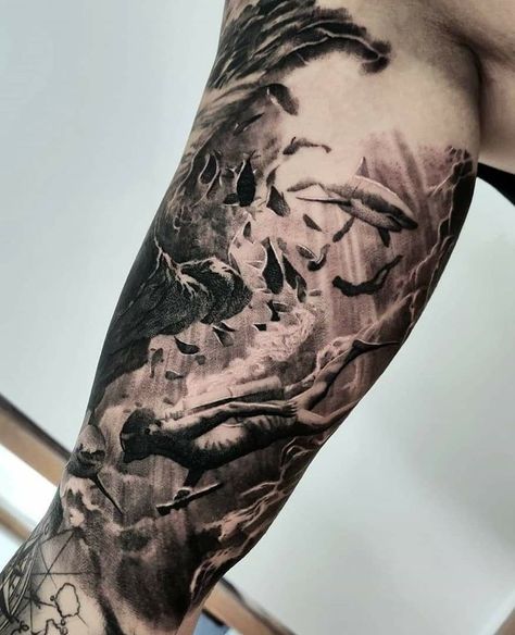 Under Water Sleeve Tattoo, Water Leg Sleeve Tattoo, Sea Tattoo Ideas Sleeve, Ocean Realism Tattoo, Under Ocean Tattoo, Under The Sea Tattoo Sleeve, Underwater Theme Tattoo, Ocean Theme Leg Sleeve, Ocean Theme Sleeve Tattoo