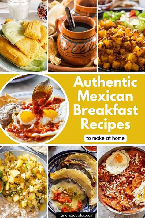 collage of mexican breakfast recipes with text overlay Mexican Food Recipes Authentic Breakfast, Easy Mexican Dishes, Traditional Mexican Breakfast, Mexican Brunch, Chilaquiles Recipe, Traditional Mexican Dishes, Traditional Mexican Food, Mexican Breakfast Recipes, Mexican Breakfast