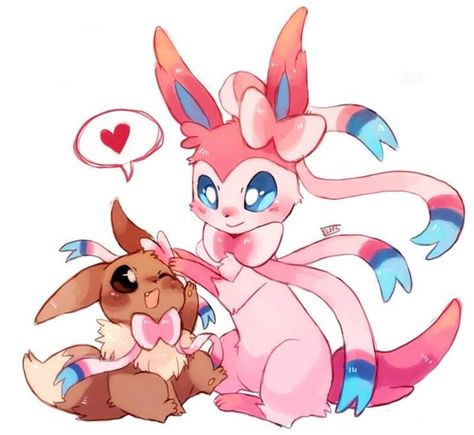 Sylveon and Eevee Eeveelutions Sylveon, Fluffy Flowers, Pokemon Original, Gijinka Pokemon, Pokemon Eevee Evolutions, Pokemon Eeveelutions, Pink Kawaii, Cute Pokemon Pictures, Images Kawaii