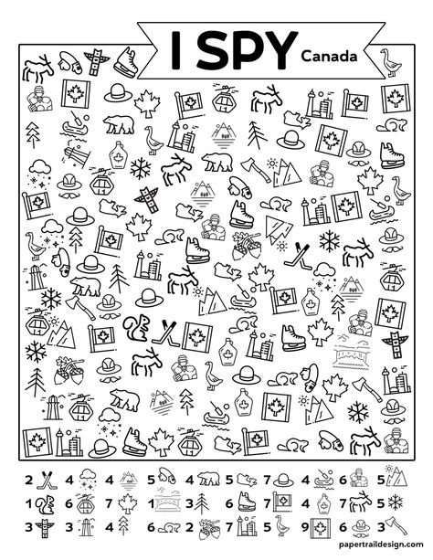 Print our I spy Canada game for kids. Fun and free inside activity for kids that are stuck at home with nothing to do. #papertraildesign #Countries #CountryISpy #Canada Spy Wedding, Canada Day Crafts, Circus Activities, Paper Trail Design, I Spy Games, Spy Games, Trail Design, Art Cart, Theme Activity