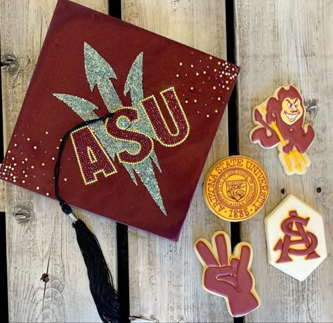 #asugraduationcookies #asucookies Grad Cap Asu, Asu Graduation Cap, College Affirmations, College Room Aesthetic, Sorority Cookies, Rhinestone Graduation Cap, Asu Graduation, College Grad Pictures, Floral Graduation Party