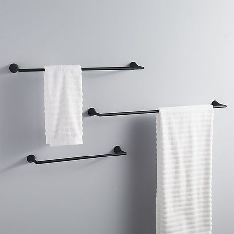 Shop black towel bars.   Clean straightforward silhouette in modern matte black elevates towels with chic sophistication.  Pair with black wall hook to complete the look. Black Wall Hooks, Black Towel Bar, Modern Towel Bars, Modern Bathroom Accessories, Zen Bathroom, Home Remodeling Diy, Black Towels, Towel Racks, Bathroom Towel Bar